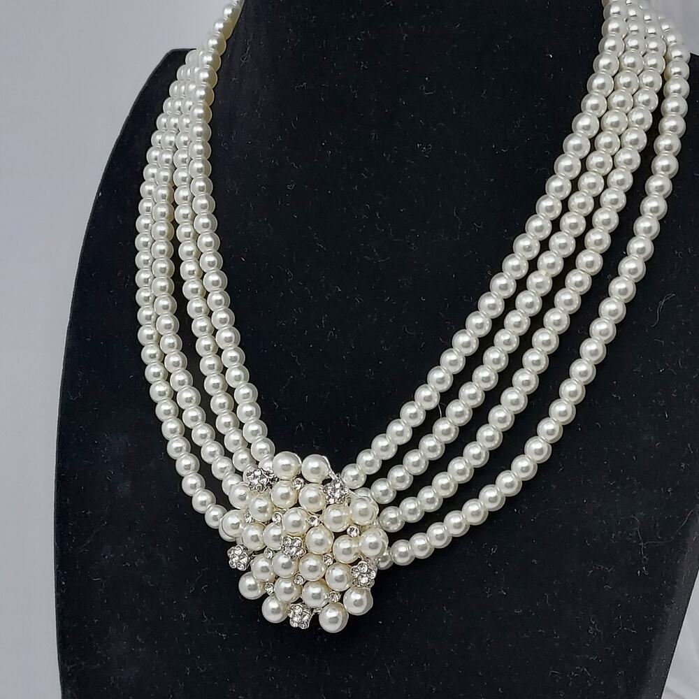 4 Strand Faux Pearl Rhinestone Cluster Pendant Necklace Silver Tone Holiday Glam